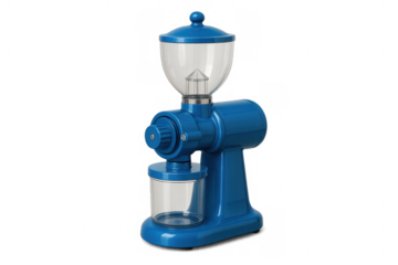 Blue electric burr coffee grinder for fresh brewing at home, preparing coffee beans, transparent background