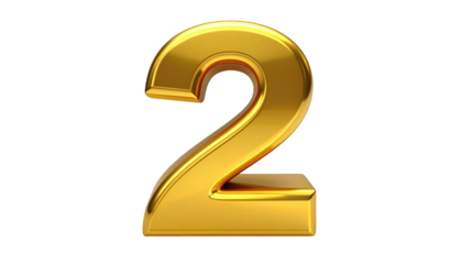A golden, shiny number two, rendered in 3D, stands out against a black background, reflecting bright light