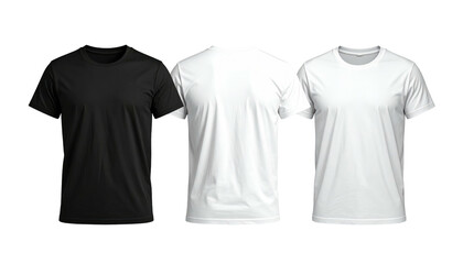 Three plain t-shirts, one black and two white, stand side-by-side against a black background in a simple display