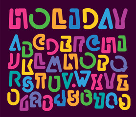 Simple, thick, humorous,  geometric letter font with holiday and party theme. Book, literature, fairy tale, cartoon, captions. Latin alphabet letters and numbers. No AI used