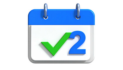 3D calendar icon. The number "2" and a check mark appear on a white page topped with a blue header