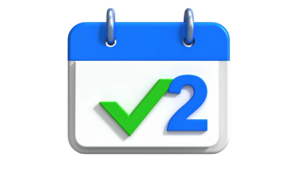 3D calendar icon. The number "2" and a check mark appear on a white page topped with a blue header