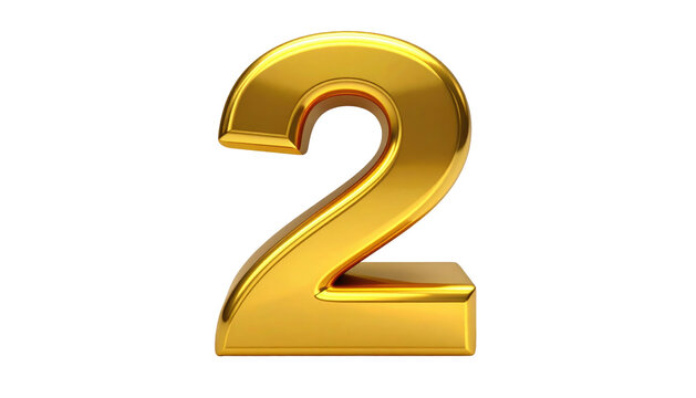 A golden, shiny number two, rendered in 3D, stands out against a black background, reflecting bright light