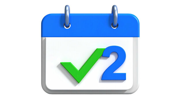 3D calendar icon. The number "2" and a check mark appear on a white page topped with a blue header