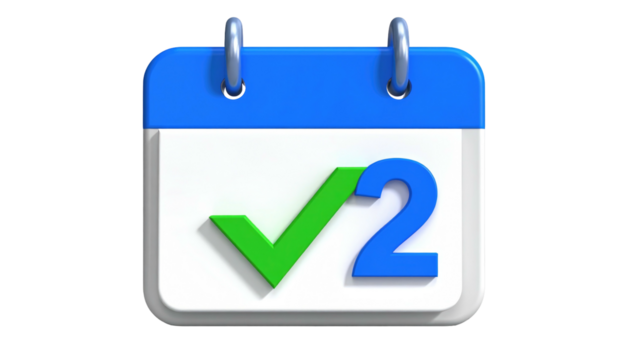 3D calendar icon. The number "2" and a check mark appear on a white page topped with a blue header