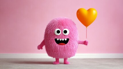 Pink monster holding a yellow balloon. The monster is smiling and he is happy. The balloon is orange and is held by the monster's mouth. Concept of joy and playfulness