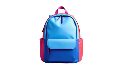Bright backpack with hues of blue and pink on black. Features simple design with a front pocket and side pouches