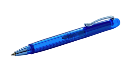 Translucent, blue retractable ballpoint pen against a black background. Stationery, writing tool with silver accents