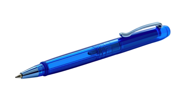 Translucent, blue retractable ballpoint pen against a black background. Stationery, writing tool with silver accents