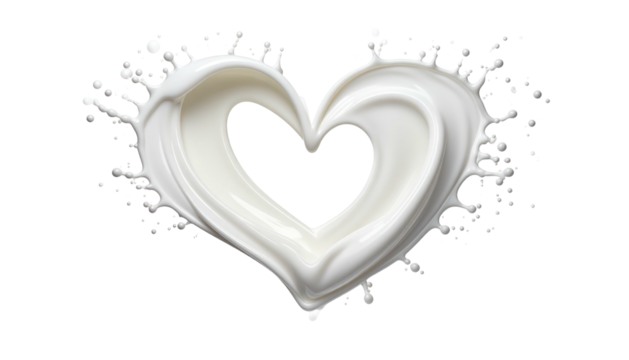 White liquid splash forms a heart shape against a black background, creating a smooth, flowing, dynamic abstract image