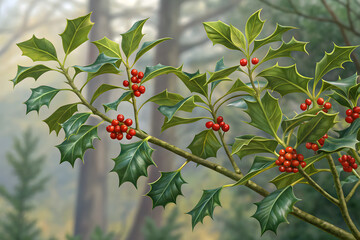 "Vibrant Holly Berries and Glossy Leaves Framed by a Misty Winter Forest Backdrop"