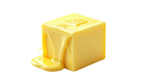 A cube with dripping, viscous yellow substance cascading down its side on a dark background, creating a glossy effect