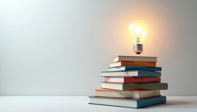 Stacks of books form a staircase to a glowing light bulb representing knowledge and innovation. This symbolizes learning, discovery, and bright ideas for education and research.
