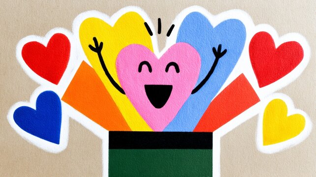 Cartoon drawing of a smiling heart surrounded by other hearts. The heart is holding a green box and is surrounded by a rainbow of colors. Scene is happy and cheerful