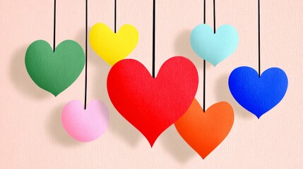 Colorful collection of hearts hanging from a string. The hearts are of different colors and sizes, and they are all hanging together. Concept of love, unity, and diversity