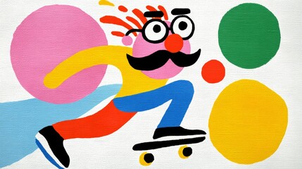 Cartoon man is riding a skateboard and is surrounded by colorful circles. The image has a playful and fun mood, with the man's glasses and mustache adding to the character's personality