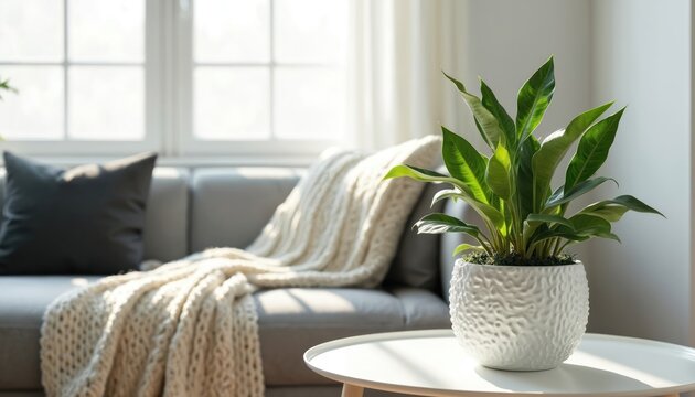 Green zamioculcas plant in white pot on table near sofa in modern living room. Interior home design with natural light. Comfortable lounge cozy decor.