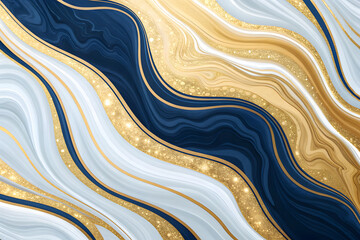 "Elegant Flow of Blue, White, and Gold in a Glittering Abstract Wave Composition"