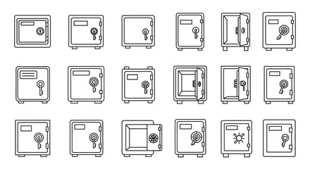 Collection of outline illustrations of safe deposit boxes, featuring editable strokes, perfect for infographics, articles, books, flyers, banners, and vector cartoon illustrations, showcasing