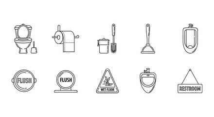 Collection of simple, isolated line icons representing toilet and restroom elements, including a toilet bowl with plunger, toilet paper roll, toilet brush and holder, plunger, urinal, flush buttons