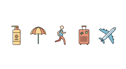 A vibrant and simple icon set related to travel and fitness, featuring essential items like sunscreen, an umbrella, luggage, a running person, and an airplane, perfect for banners, infographics