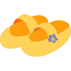 Yellow Open Toe Sandals with Orange Straps and Purple Flower Accent on Transparent Background