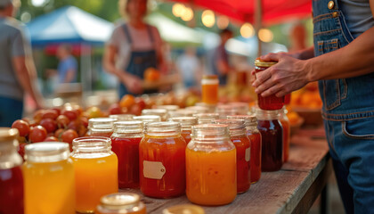 Jars of preserves, honey, jam at farmers market stand. Buyer in denim overalls choose homemade products. Stall with assortment of jelly. Local fair trade event. Buying nourishment at marketplace.