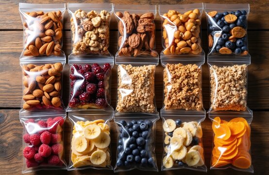 Collection of sealed plastic bags filled with various healthy snacks like nuts, berries, granola, dried fruit slices arranged on wooden table for easy access, portability, ideal for portion control,