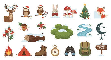 Winter forest adventure vector set with animals and camping gear for holiday design and decoration needs