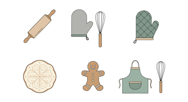 Baking tools and gingerbread man vector illustration for christmas holiday season and cooking related designs