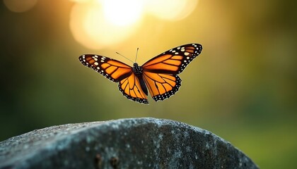 Monarch butterfly flies above gravestone against green nature. Insect with bright orange wings represents soul after death, resurrection concept. Light reflects spirituality. Transition from earthly