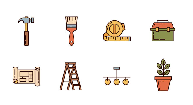 Collection of home improvement and diy tools for renovation projects and home maintenance and repair tasks