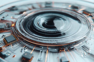 Hyperrealistic close-up of a sophisticated bionic eye implant and circuitry, symbolizing advanced ocular disease treatment and prosthetic vision technology.