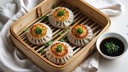 Delicious steamed dumplings with savory topping, perfect for culinary blogs and Asian food promotions, offering a tasty and authentic culinary experience