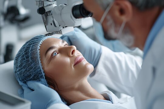 Close-up of a female patient receiving an eye exam/surgery preparation via a slit lamp microscope, symbolizing cataract treatment and ocular medical care.