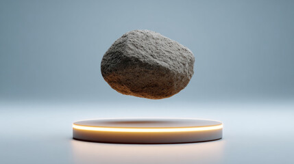 Futuristic display of rotating asteroid on holographic platform for sci-fi concepts