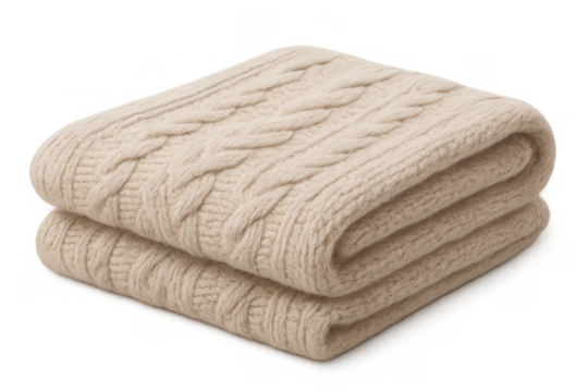 Beige folded cable knit blanket for warmth and comfort, soft wool textile creating a cozy winter feeling on transparent background