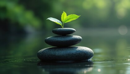 Stack of balanced dark stones with a young green plant growing on top, resting on calm water surface. Natural zen composition suggests new life, peace, growth, and eco harmony.