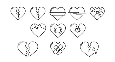 Collection of broken heart line icons, symbolizing heartbreak, sadness, and emotional pain. This set includes various cracked, shattered, and bandaged heart designs, perfect for graphic design, web