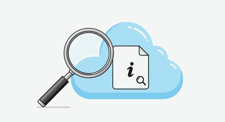 A magnifying glass is positioned beside a stylized blue cloud containing a document icon with an information symbol and a smaller magnifying glass, symbolizing the search, analysis, and retrieval of