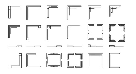 Collection of simple line art frame elements and corner designs, perfect for borders and decorative accents. This vector flat illustration features clean, ordered line icons on a white background