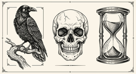 Detailed engraved illustration set featuring a majestic crow perched on a gnarled branch, a cracked human skull with empty eye sockets, and a classic hourglass with sand flowing, perfect for retro