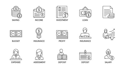 Minimalist Personal Finance Line Icon Set with Editable Stroke, Featuring Savings, Income, Investment, Loan, Budget, Profit, Insurance, Assessment, Expense, Deposit, and Salary Concepts for Financial