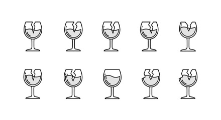 Set of ten thin line icons representing broken wine glasses, each with a unique crack pattern and filled with a light gray liquid, presented on a clean white background. This vector cartoon