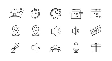 A collection of clean, minimalist line icons representing essential event planning elements, including location pins, a house with a pin, stopwatches, clocks, calendars, sound icons, a microphone, a