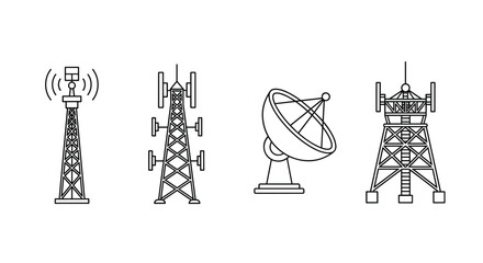 Set of communication towers and antennas, including radio towers, cell towers, and satellite dishes, presented as clean outline icons on a white background, symbolizing broadcasting and
