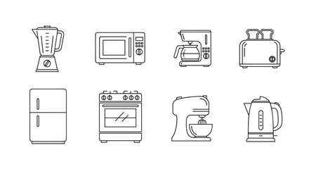 Collection of modern outline icons representing essential kitchen appliances for home cooking and food preparation, including a blender, microwave, toaster, coffee maker, refrigerator, stove, stand