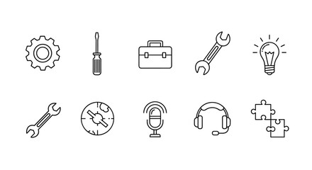 A collection of thin black line art icons representing tools and concepts related to repair, maintenance, customer support, and problem-solving, including a gear, screwdriver, spanner, toolbox