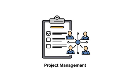 Conceptual illustration of project management, showcasing a checklist on a clipboard connected to a team of people via a central hub, symbolizing collaboration, organization, and efficient workflow