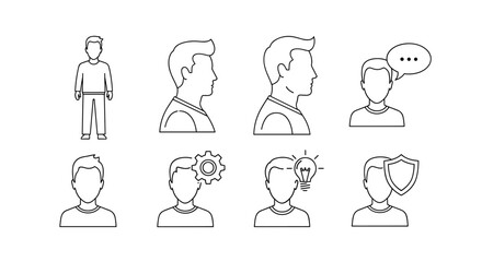 Collection of faceless man outline icons representing various concepts like communication, ideas, security, and productivity, perfect for graphic and web design, apps, adverts, and various cards